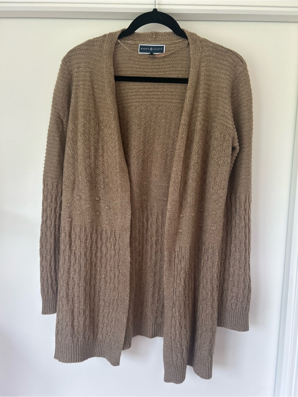 Karen Scott Open-Front Long Cable Knit Cardigan in Light Brown